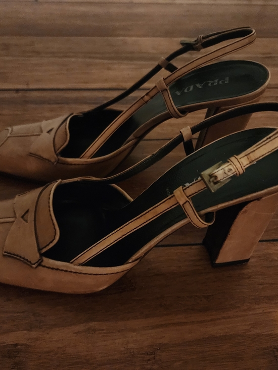 Prada Shoes - Prada Tan Leather Slingback Block Heel Sandals Size 8